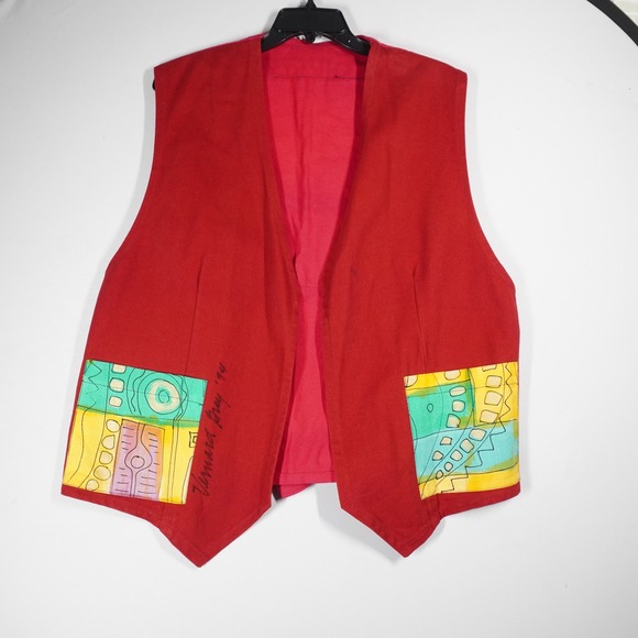 Tamara Gray Jackets & Blazers - VTG Vernara Gray Hand Painted Vest L Red 1994 Art to Wear Boho Abstract Teacher